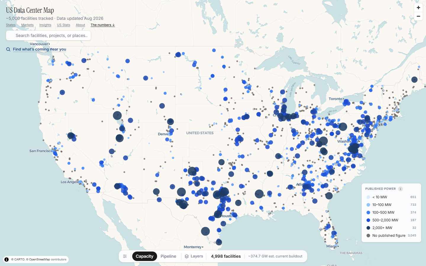 The US Data Center Map, with facilities across the country sized by published power.