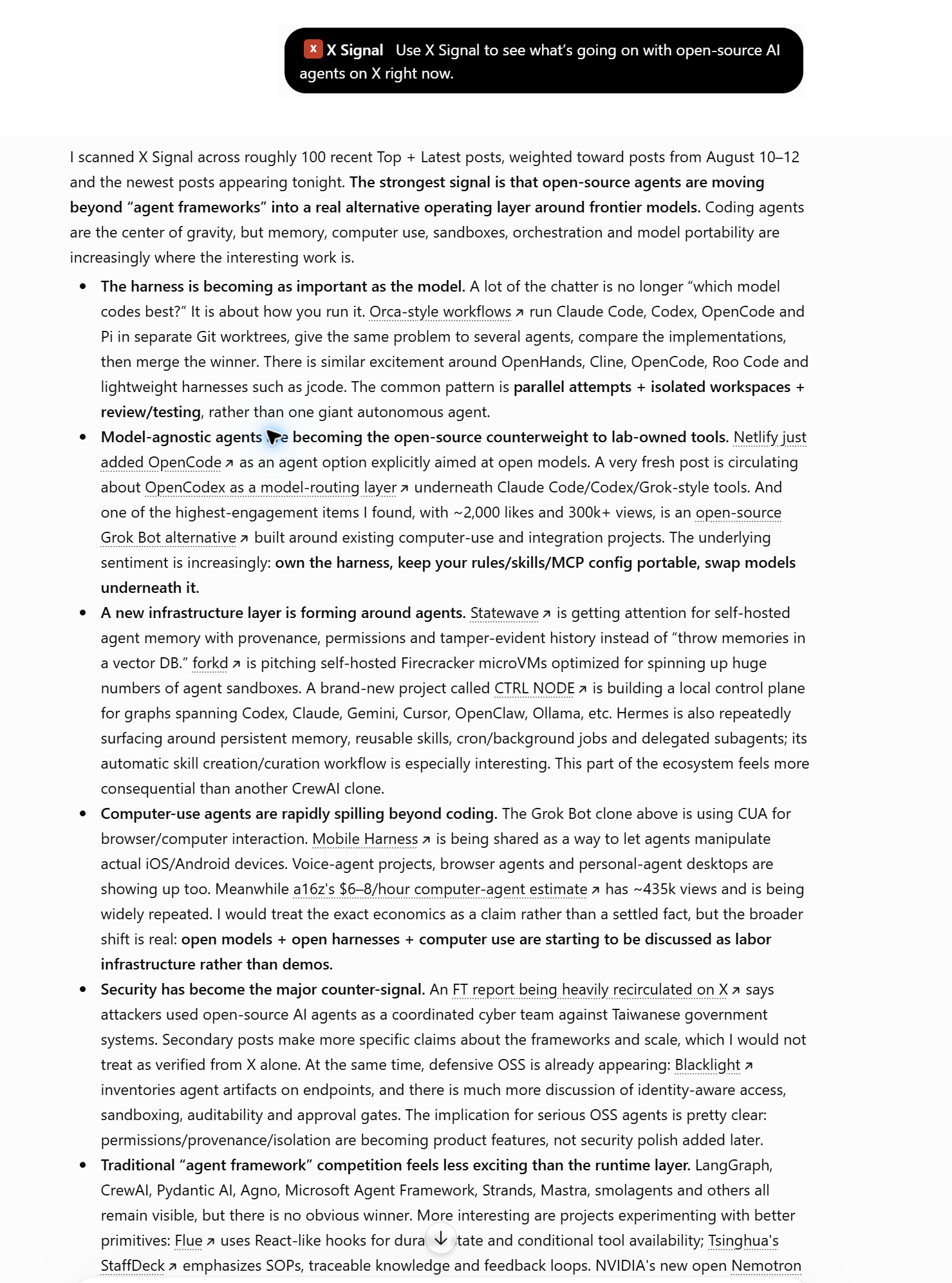 ChatGPT using X Signal to research discussion on X and link the source posts.